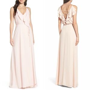 WAYF The Jamie Maxi Dress Ruffle Wrap Gown Attached Tie Waist Ballet Pink XXS